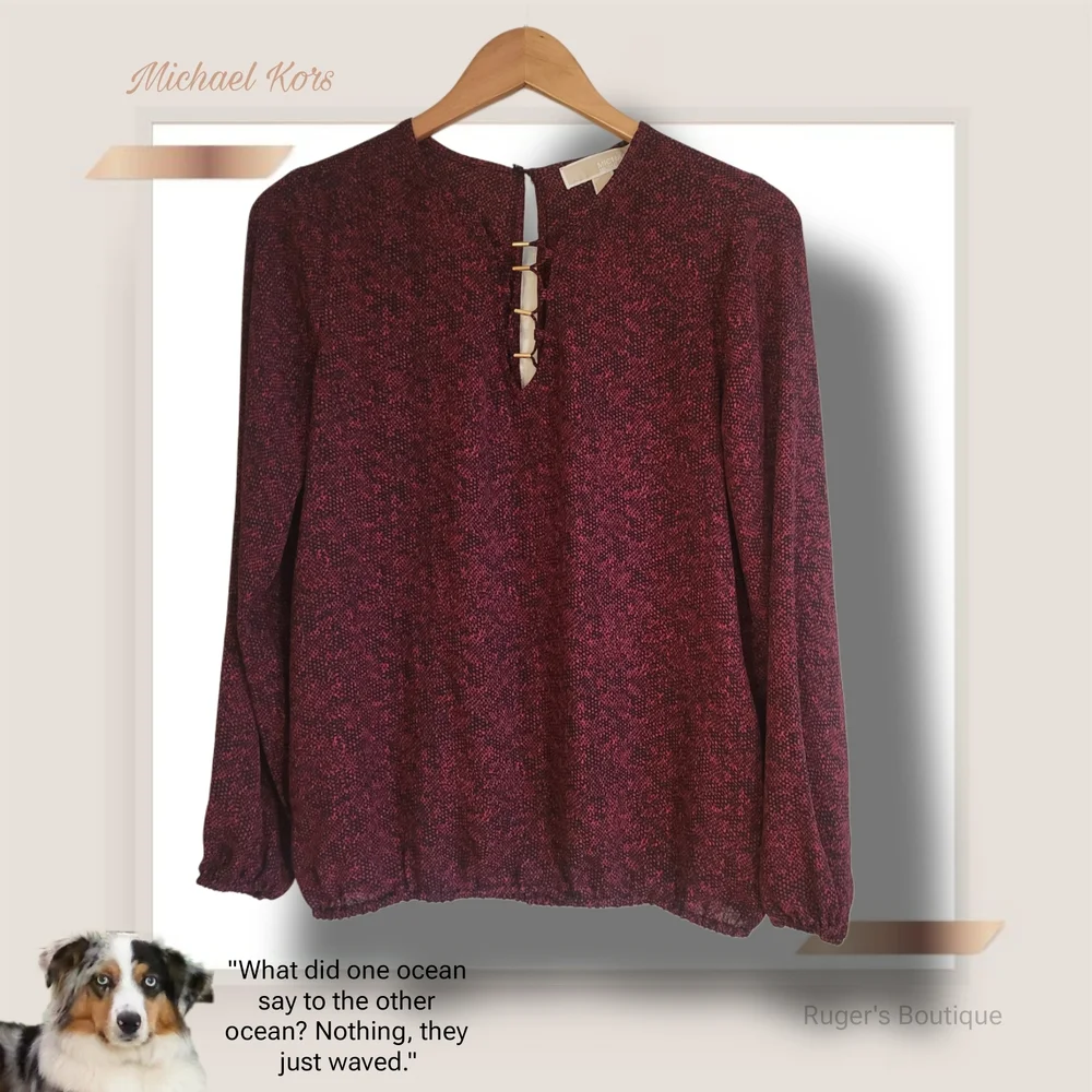 🌿-Michael Kors Small Burgundy Snakeskin Blouse Gold Hardware Keyhole Bodice